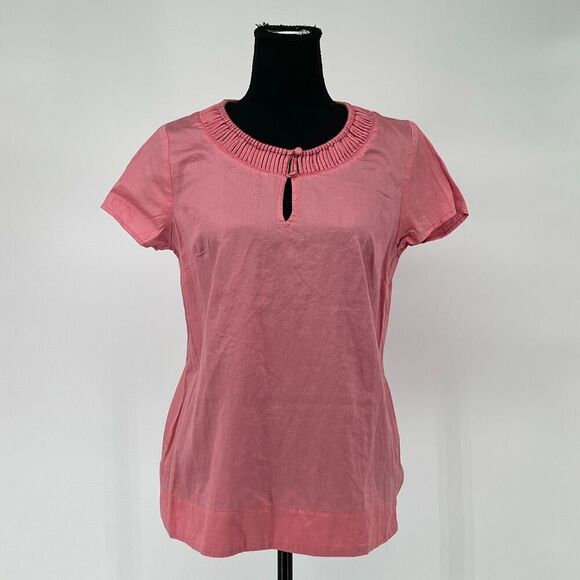 Talbots Tops - TALBOTS Women’s Top S Pink Keyhole Neck Short Sleeve 100% Cotton Blouse Pleated